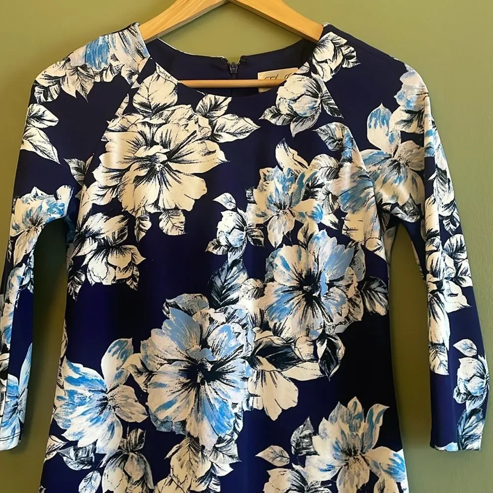 Eliza J Blue White Floral Drop Waist 3/4 Sleeve Dress Sz 4 Spring Wedding
